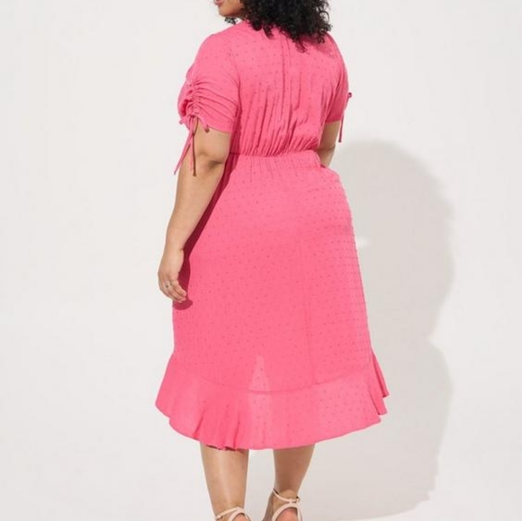 Torrid Midi Dress womens 2X pink midi faux wrap surplice Swiss dot - Picture 3 of 9